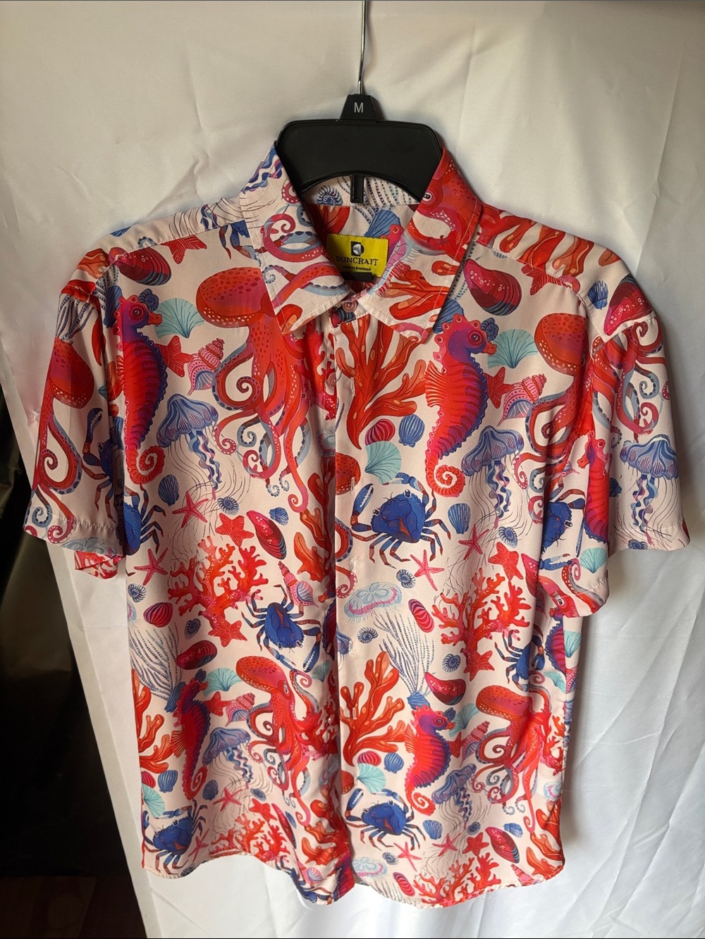 Men's Suncraft Bahamas Casual Button-Down Sea Life Shirt in Red & Blue